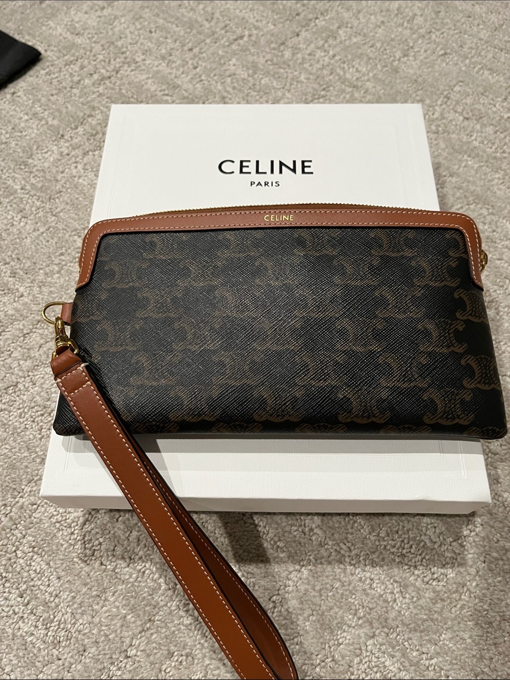 Celine Brown Triomphe Coated Canvas Wristlet with Tan Trim